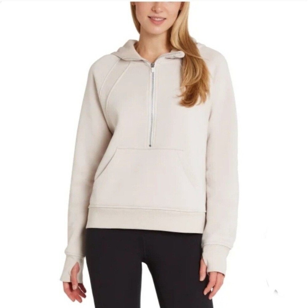 Danskin Half Zip Mixed Rib Cozy Hoodie Thumbhole Kangaroo Pocket Cream Women XXL